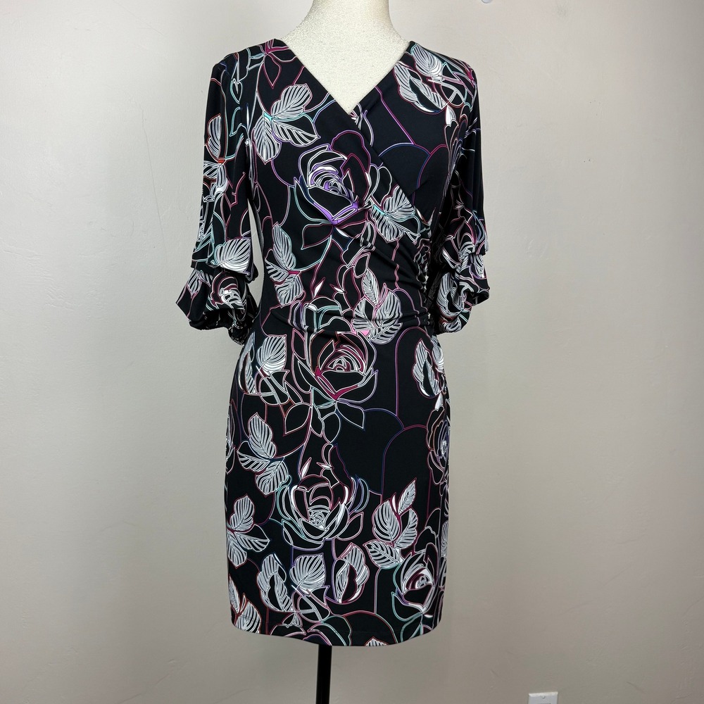 Joseph Ribkoff Sheath Dress Women 4 Black Neon Floral Tiered Bell Sleeve V-Neck